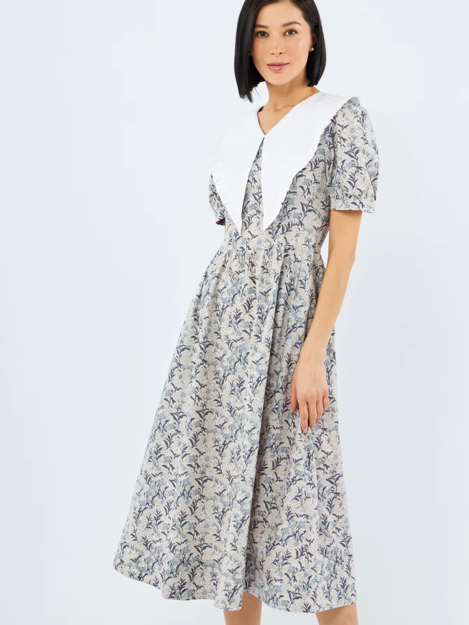 Платье из хлопка с большим контрастным воротником OD-935-3 цветы на бежевом