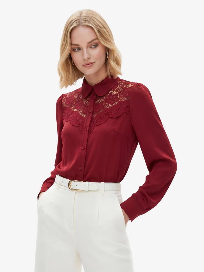 Блузка с кружевом на полочке OD-892-3 бордовый