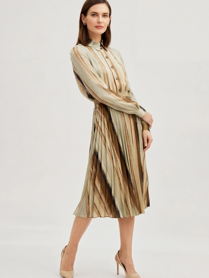 Платье с юбкой плиссе OD-883-2 коричневая с серой полосой