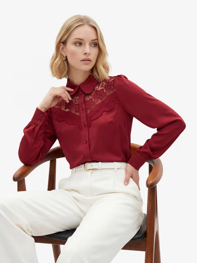 Блузка с кружевом на полочке OD-892-3 бордовый
