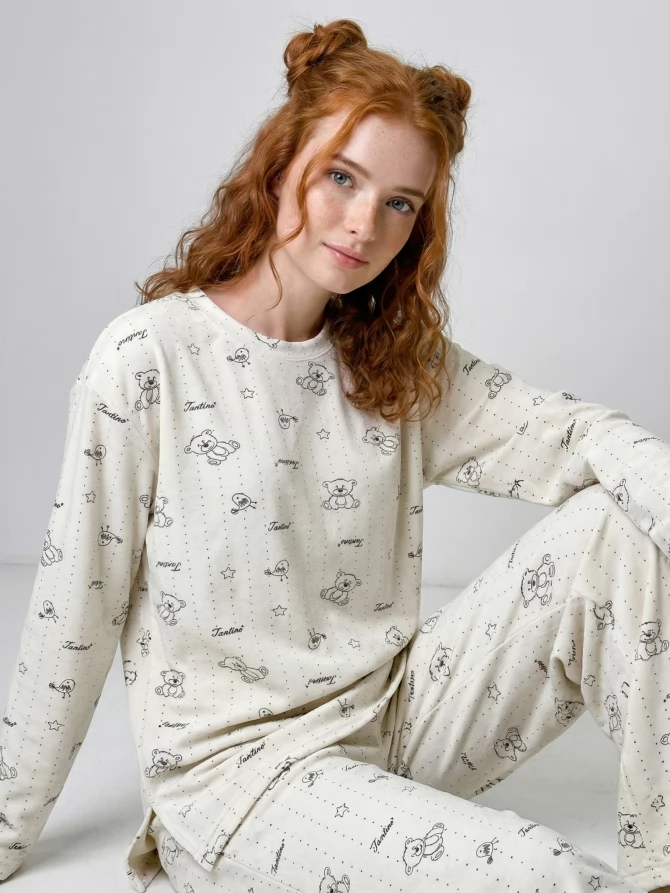 Пижама из велюра с принтом мишки и резинкой для волос в комплекте, молочная