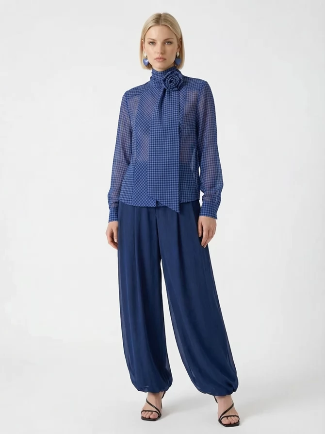 Блузка из органзы в клетку OD-984-1 фиолетовый с черным