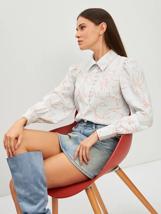Блузка с принтом OD-639-26 голубая оранжевый цветок