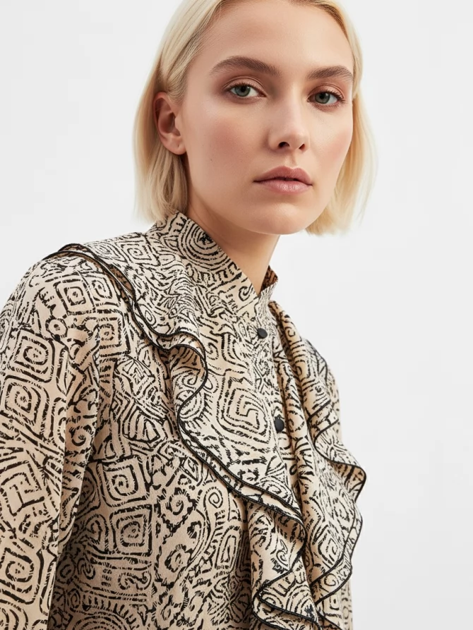 Блузка с отлетными рюшами OD-914-5 бежевый с черным