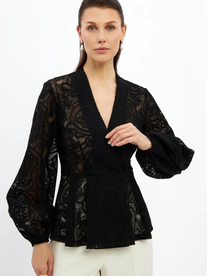 Блузка из кружева с баской и поясом OD-1033-2 черный