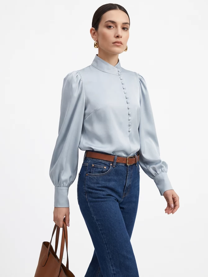 Блуза-косоворотка много пуговиц OD-550-20 серо-голубой