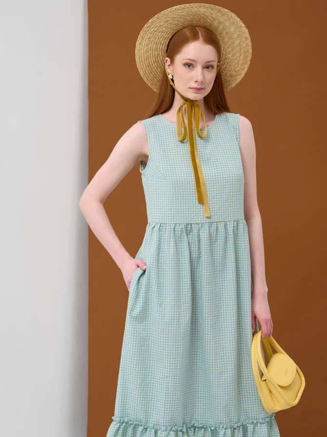 Платье хлопок OD-792-1 клетка желто-голубая