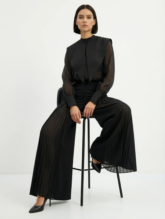 Блузка из органзы со съемным воротником OD-930-3 черный