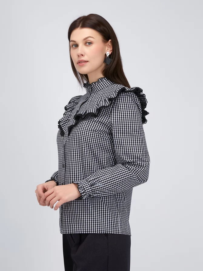 Блузка из хлопка с кружевом OD-896-1 ч/б клетка