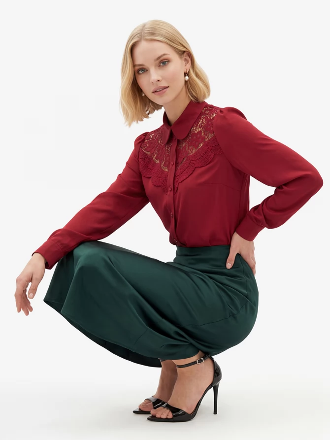 Блузка с кружевом на полочке OD-892-3 бордовый