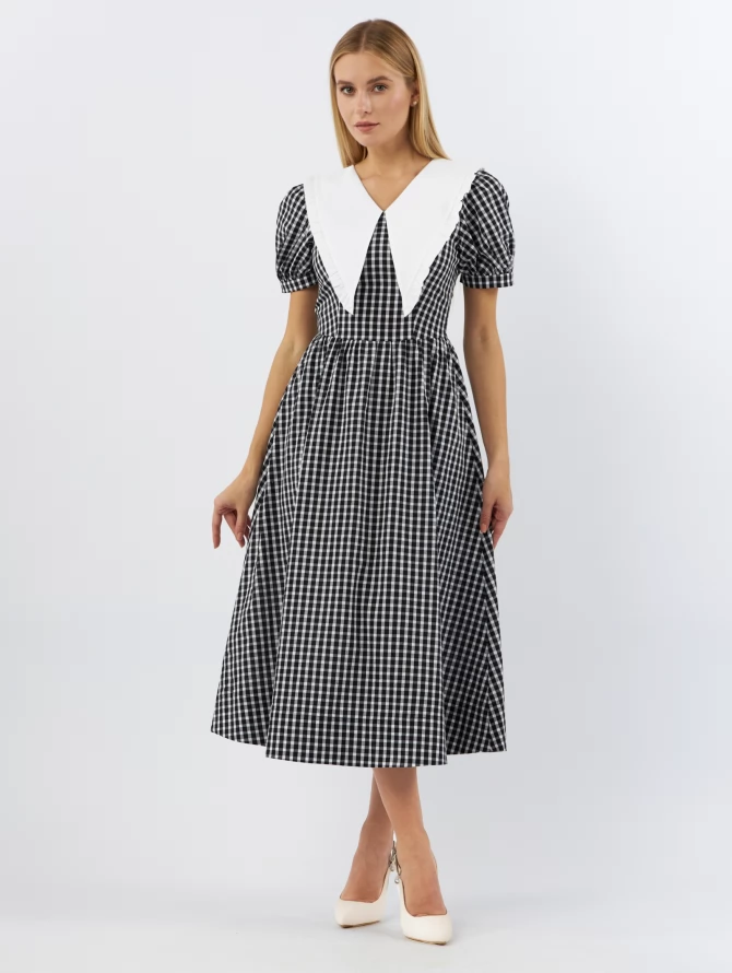 Платьеиз хлопка с большим контрастным воротником OD-935-1 клетка ч/б