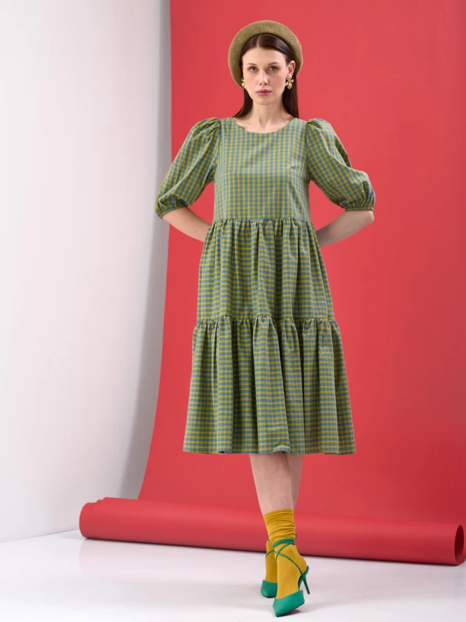 Платье хлопковое в клетку с рукавами-буфами