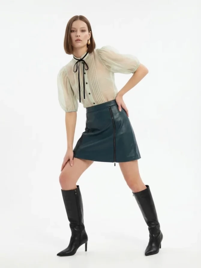 Юбка короткая из эко-кожи с молниями OD-1004-2 зеленый