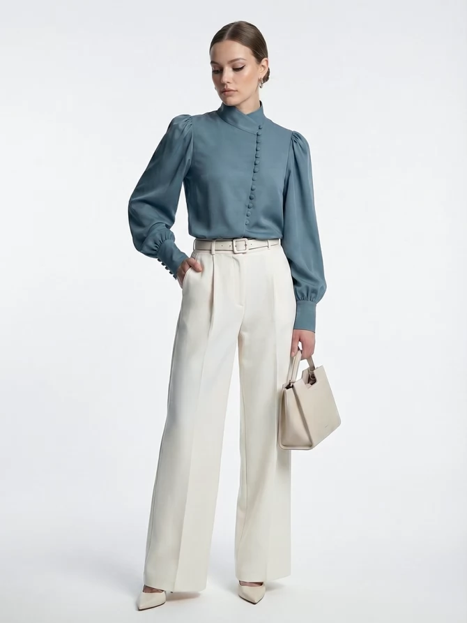 Блуза-косоворотка много пуговиц OD-550-14 серо-зеленый-голубой (морская волна)