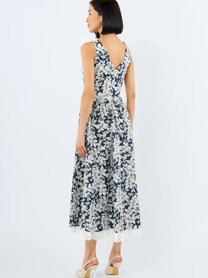 Платье из хлопка с кружевом OD-925-2 крупные белые цветы на синем