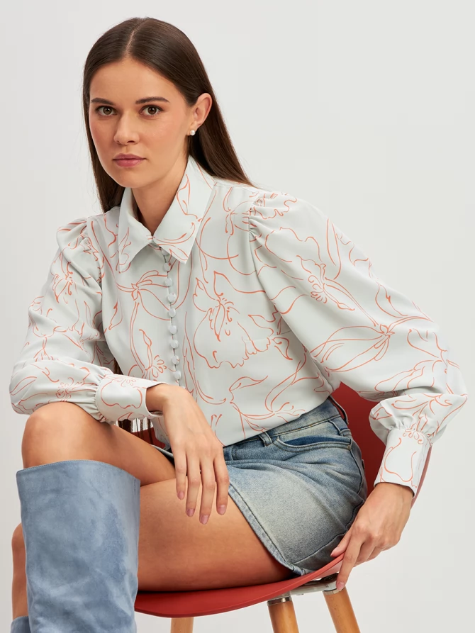 Блузка с принтом OD-639-26 голубая оранжевый цветок