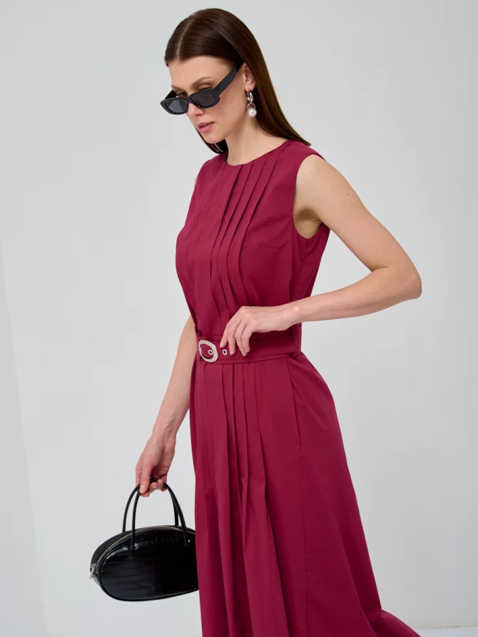 Платье хлопковое с поясом бордовое