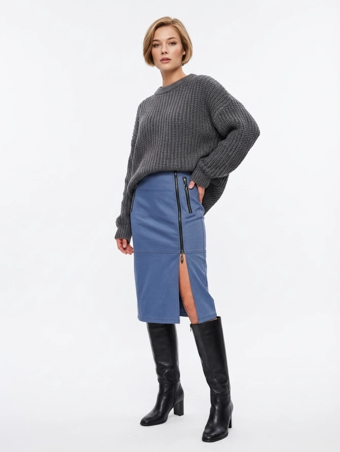 Юбка джинсовая с декоративными молниями, синяя