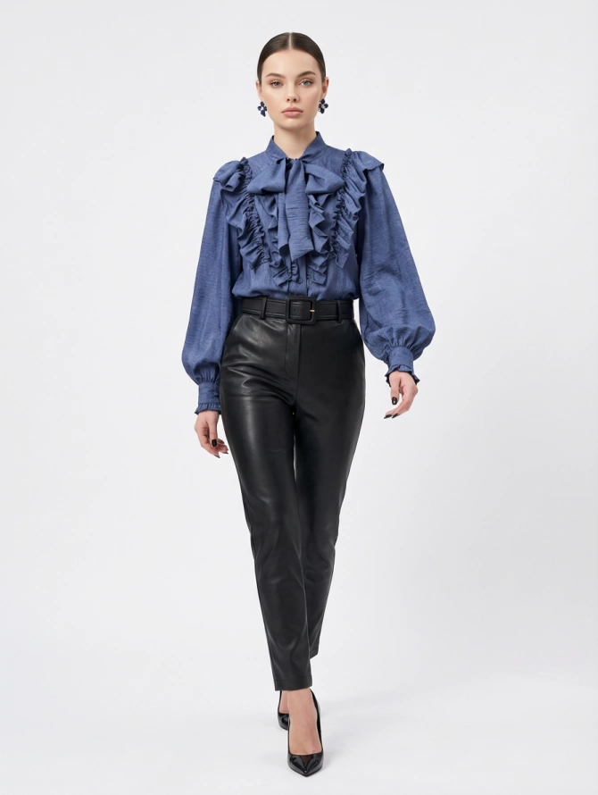 Блузка с рюшами и воротником-завязка OD-988-3 синий