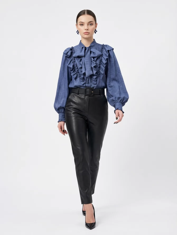 Блузка с рюшами и воротником-завязка OD-988-3 синий