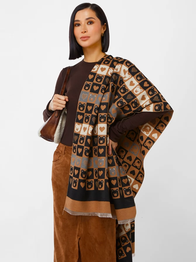 Палантин женский двусторонний с принтом 'Мишки и Сердца'