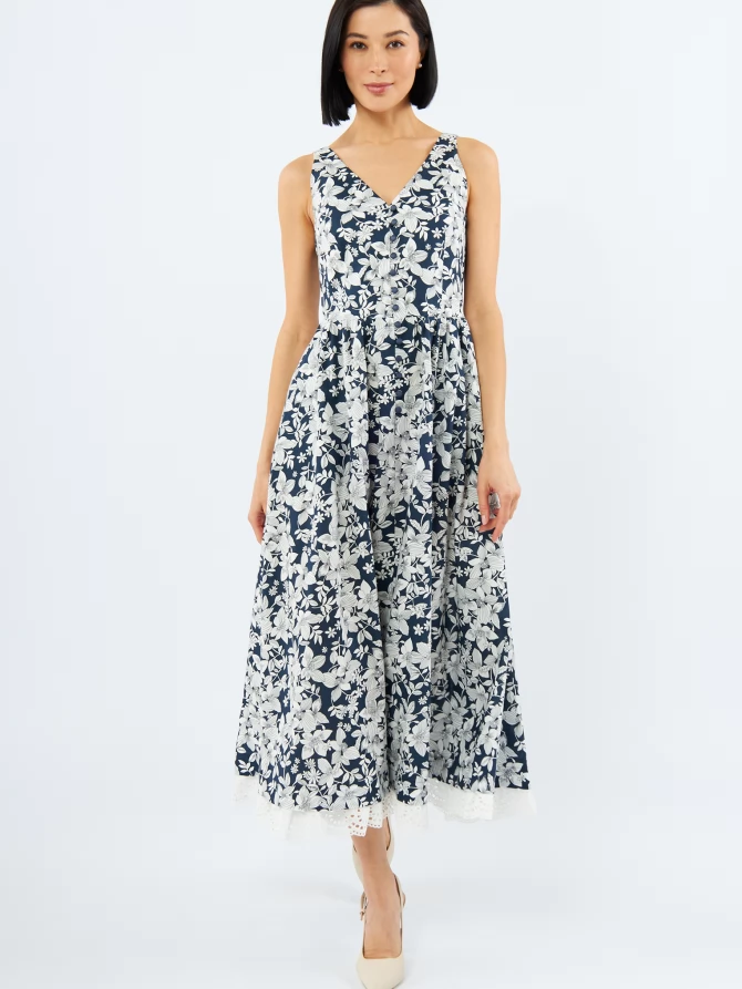 Платье из хлопка с кружевом OD-925-2 крупные белые цветы на синем