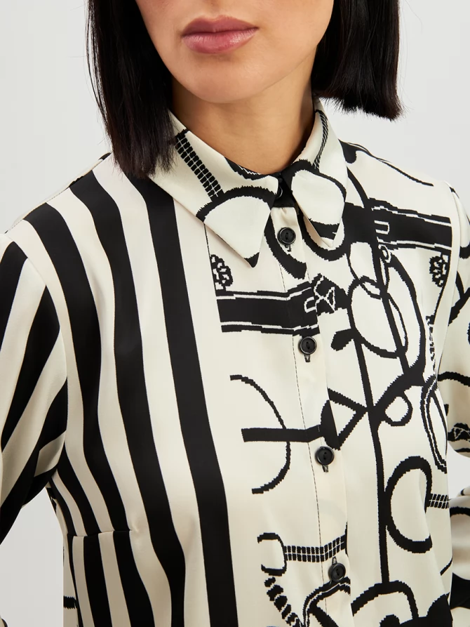 Блузка из атласной ткани  OD-887-1 черно-белая