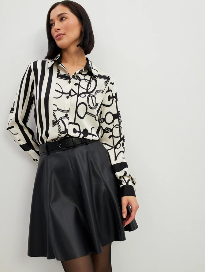 Блузка атласная черно-белая с комбинированным принтом OD-887-1