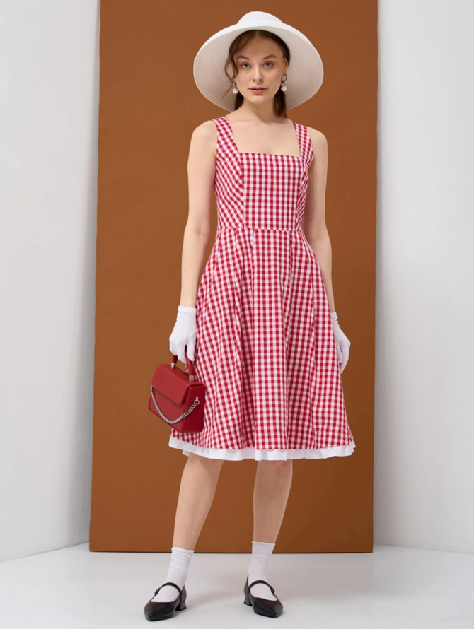 Платье хлопковое х-силуэта в красно-белую клетку