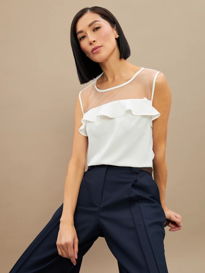 Блузка без рукавов с сеткой и воланом OD-992-1 белый