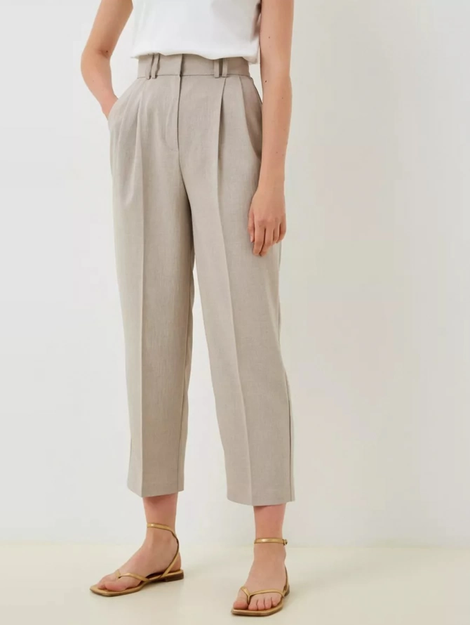 Брюки укороченные изо льна с высокой посадкой, бежевые