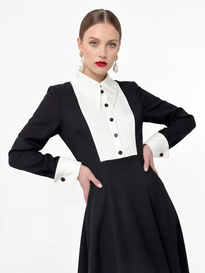 Платье черное из костюмной ткани с белой вставкой OD-1034-1