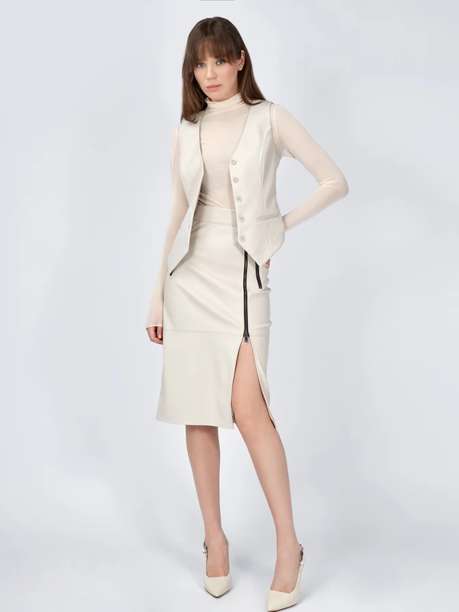 Юбка из эко-кожи с 3-мя молниями OD-863-2 бежевый