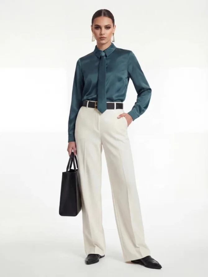 Атласная блузка с галстуком бутылочного цвета