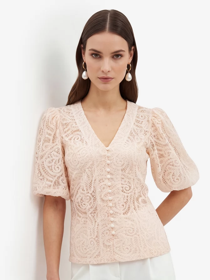 Блузка кружевная приталенная с объемным рукавом, лосось OD-1038-3