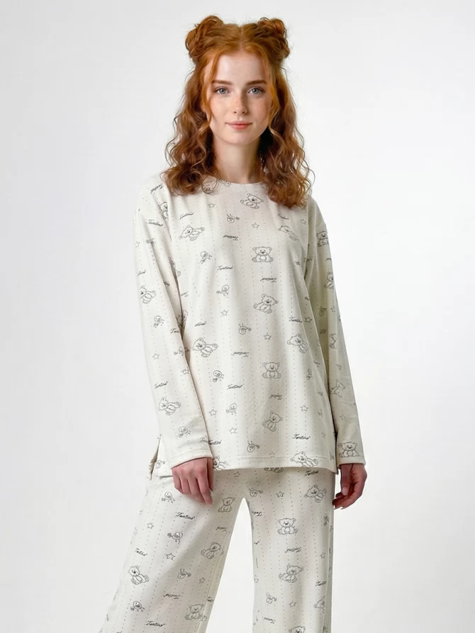 Пижама из велюра с принтом мишки с резинкой в комплекте OD-1009-3 молочный