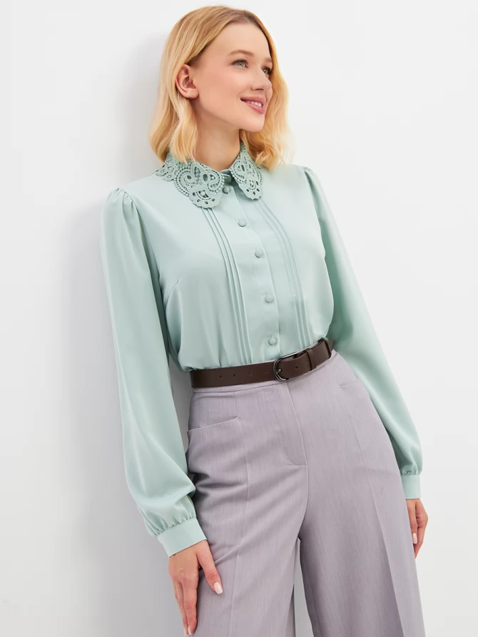 Блузка с воротником из кружева и защипами OD-913-4 св.зеленый