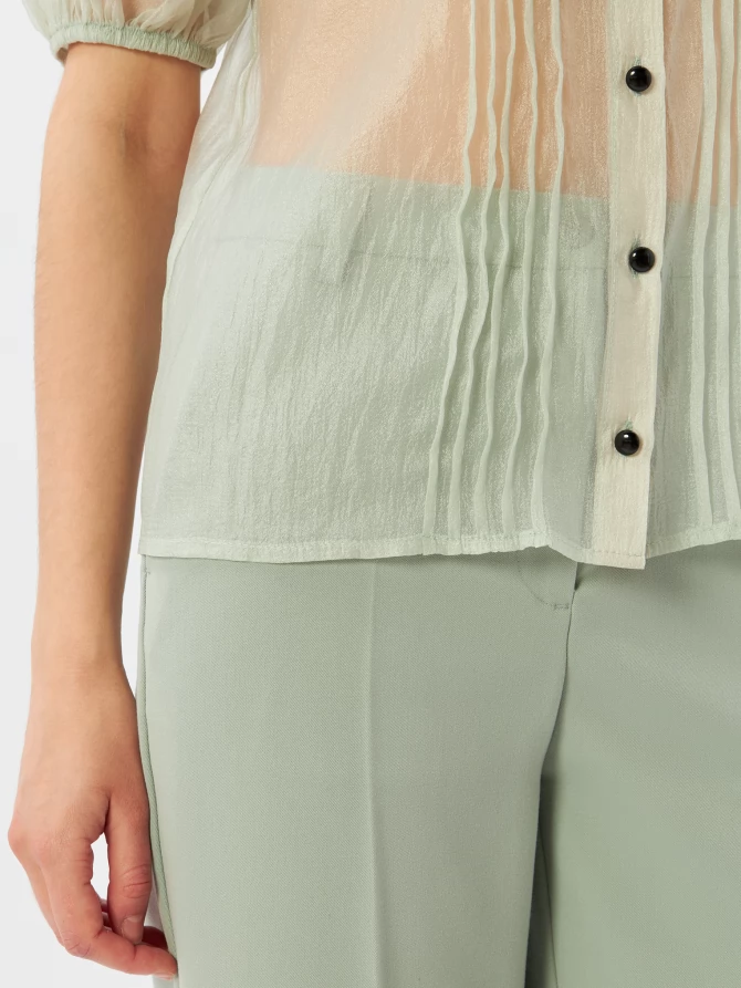 Блузка из органзы с бархатной завязкой и защипами  OD-951-2 серо-зеленый