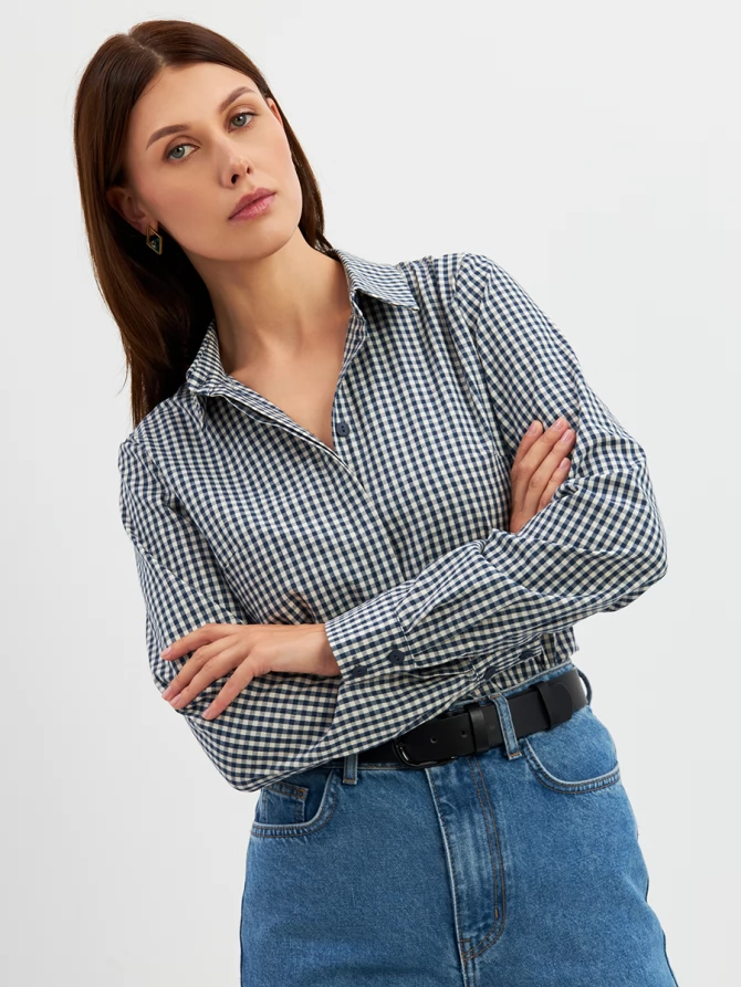 Блузка классик с контраст.стойкой OD-737-17 синяя клетка