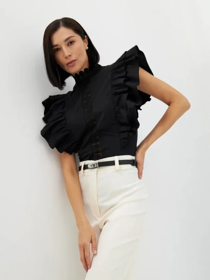 Блузка из хлопка с крыльями и кружевом OD-912-2 черный