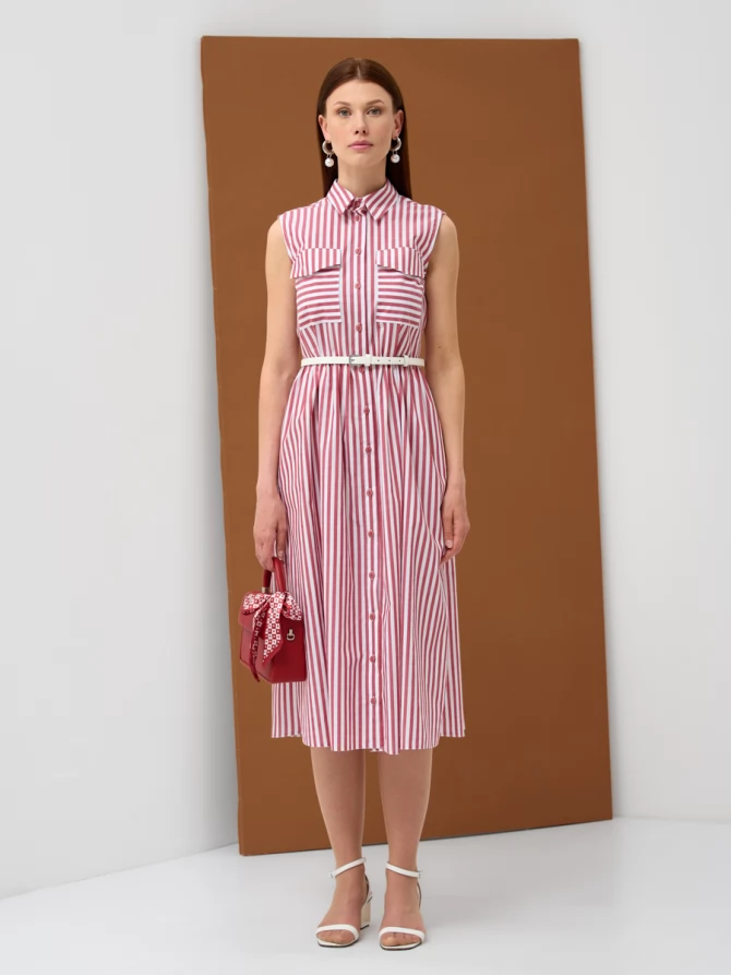 Платье-рубашка хлопковое в бордовую полоску