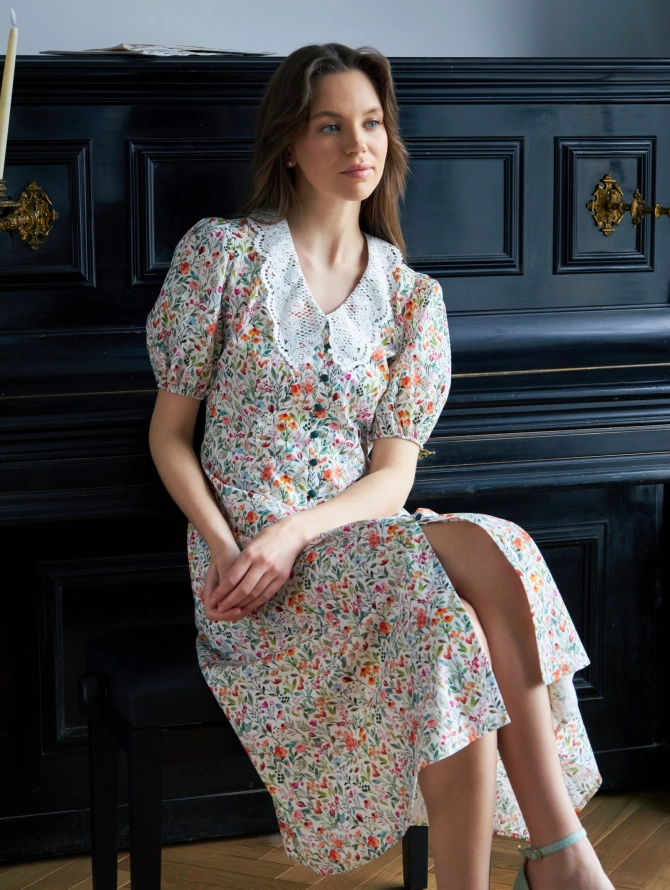 Платье из хлопка с кружевным воротником, цветочный принт OD-948-1