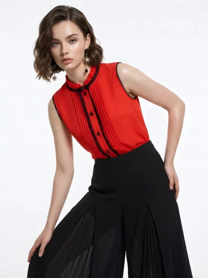 Блузка без рукавов с отделкой из тесьмы OD-973-3 красный