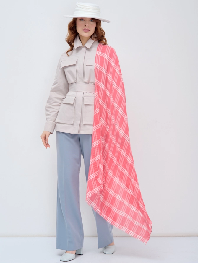 Палантин в клетку коралловый 90*180 см