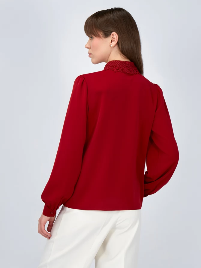 Блузка с воротником из кружева и защипами OD-913-3 бордовый