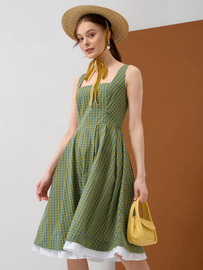 Платье хлопковое OD-799-1 в желто-голубую клетку