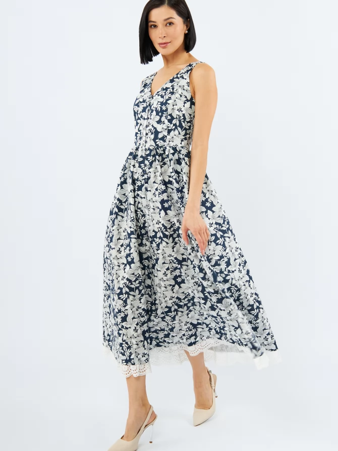 Платье из хлопка с кружевом OD-925-2 крупные белые цветы на синем