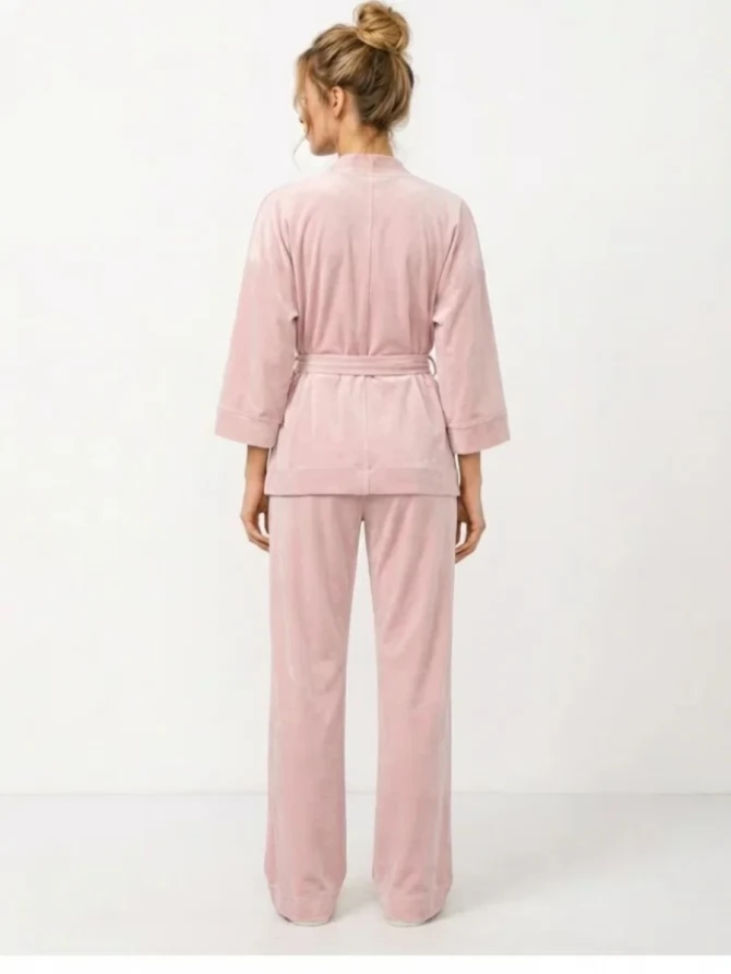 Пижама Кимоно+брюки из велюра, розовый
