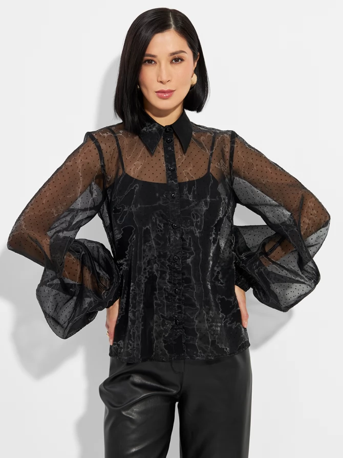 Блузка из органзы с мушками и галстуком OD-986-1 черный