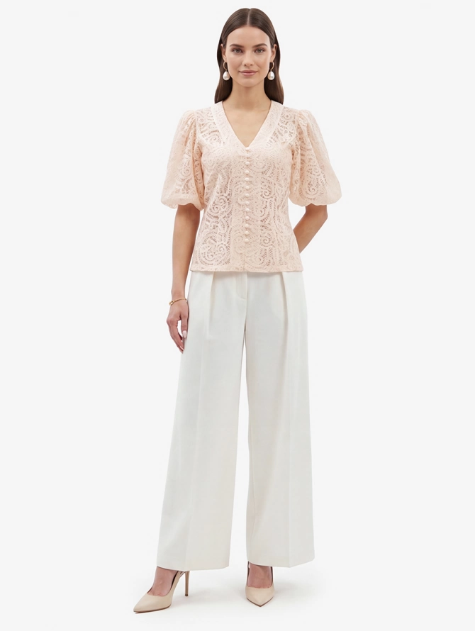 Блузка кружевная приталенная с объемным рукавом, лосось